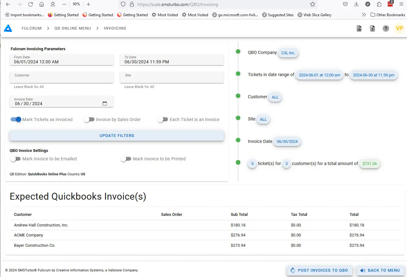 QuickBooks Interface with SMSTurbo Fulcrum Web Based Scale Software